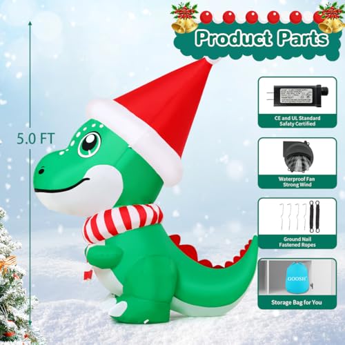 GOOSH 5 ft Christmas Dinosaur Inflatable with LED Lights, T Rex Yard Decor