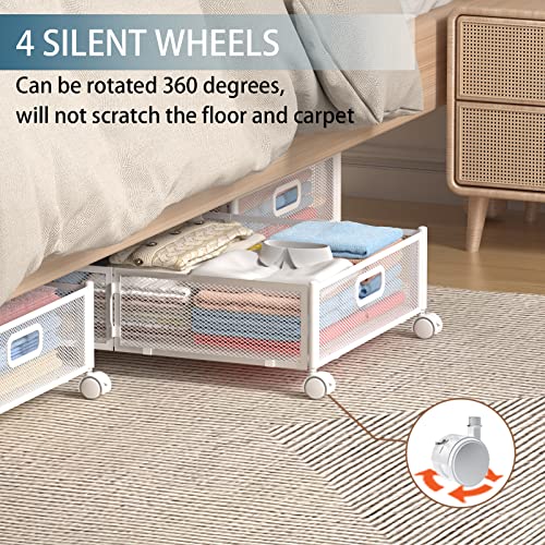 White Under Bed Storage Containers with Wheels - Foldable Closet Organizer for Clothes, Shoes & Blankets - 2 Pack