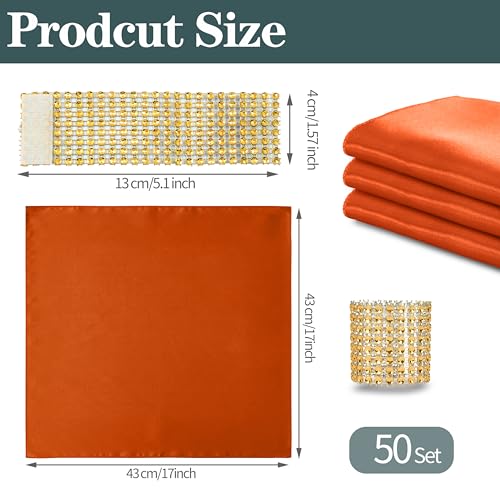 Orange Satin Napkins & Napkin Rings Set of 50 - Elegant Dining Table Decor