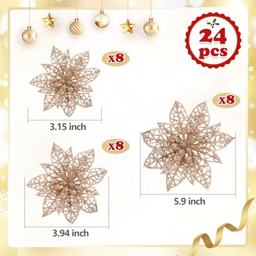 Naler 24 Pieces Christmas Glitter Poinsettia Flowers Artificial Xmas Flowers for Christmas Tree Wreaths Wedding Ornaments, Champagne, 3/4/6 Inch