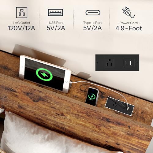 Height-Adjustable Headboard with Outlets - Full Size, Ergonomic Design & Storage Shelf