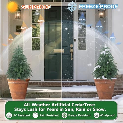 Artificial Cedar Topiary Trees with Pots - 2 Pack, 2 Feet Tall, Realistic & Eco-Friendly