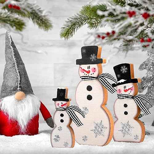 Suzile 3 Pcs Christmas Snowman Tabletop Decor Winter Wooden Table Decorations Rustic Snowman Table Centerpieces Farmhouse Winter Block Sign for Home Fireplace Mantel Holiday Party