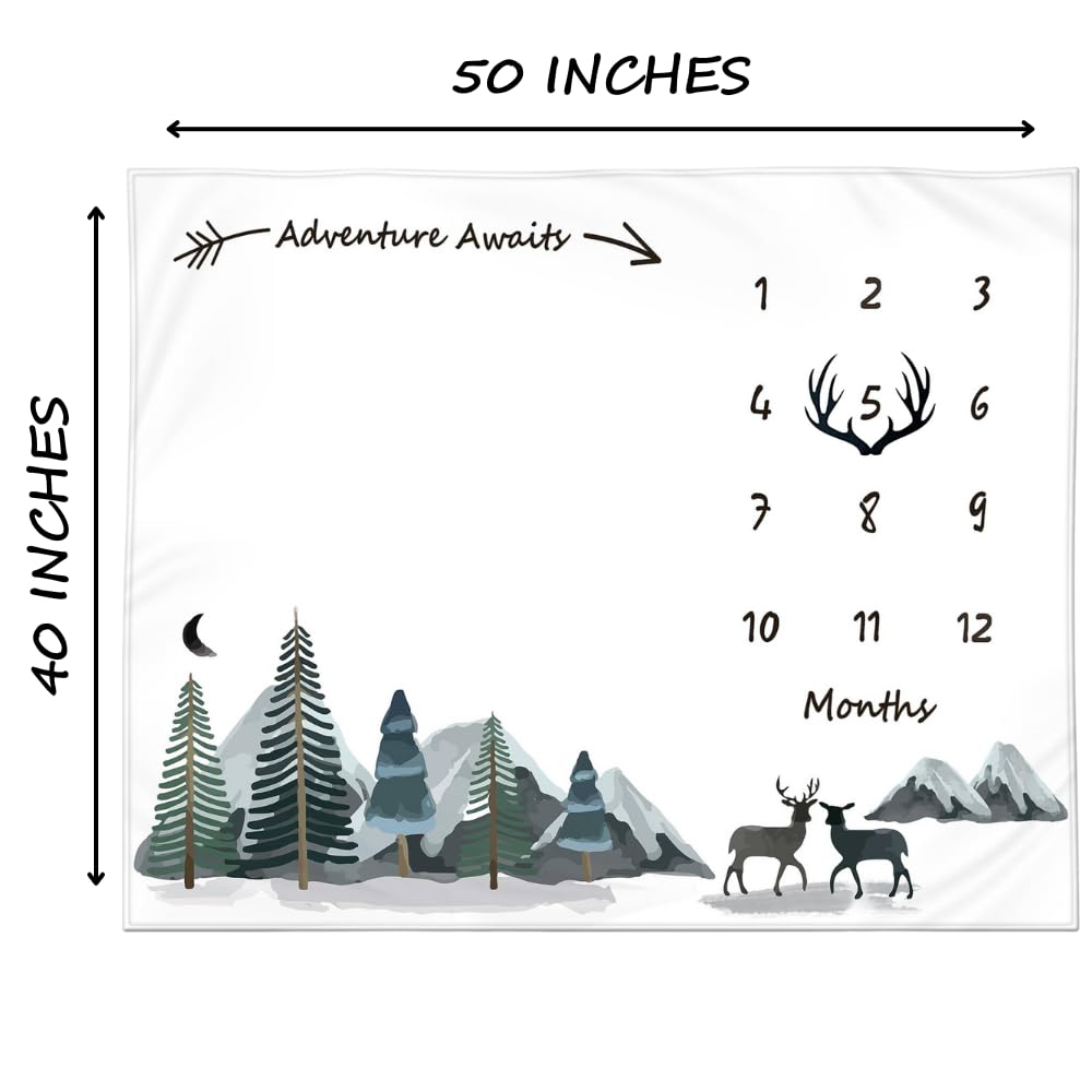 KEMINA BLANKETS Milestone Blanket for Baby Boy – Monthly Baby Blanket, Growth Tracker for Newborn, Woodland Nursery Decor, Mountain Adventure Theme, Includes Felt Frame, 50x40 Inches