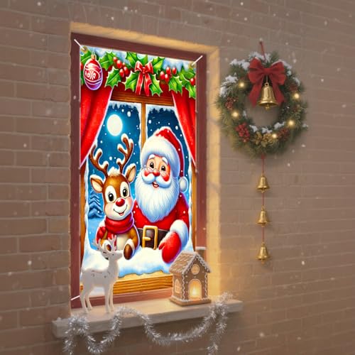 Cmialusie Colorful Santa and Reindeer Window Banner Christmas Decor 31.5x47.2in