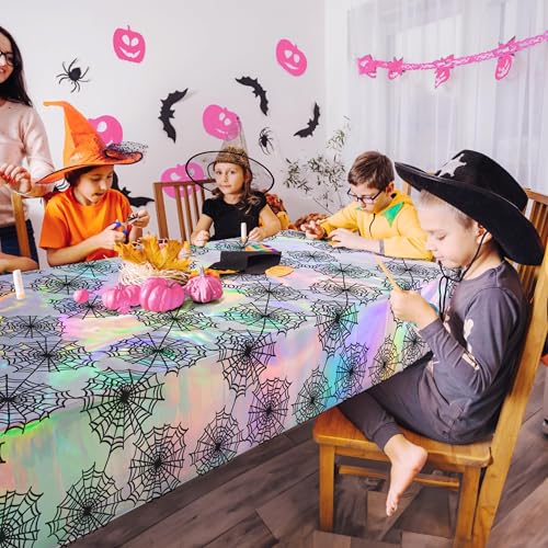 Cheerland Spiderweb Tablecloth Iridescent Holographic Foil Table Cover Halloween Decorations Disposable Plastic Cloth for Ghoul Birthday Bridal Shower Spooky Gothic Christmas Party Supplies 2pcs