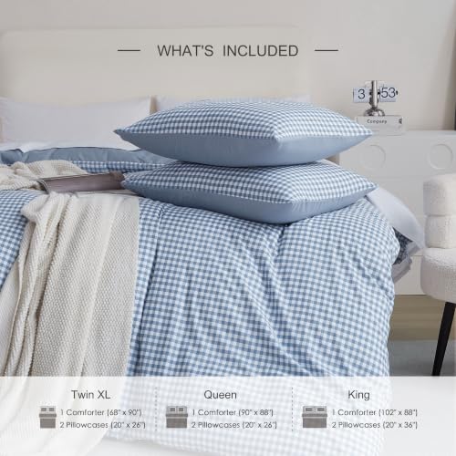 Queen Comforter Set - Blue Gingham Reversible Bedding 3 Pieces
