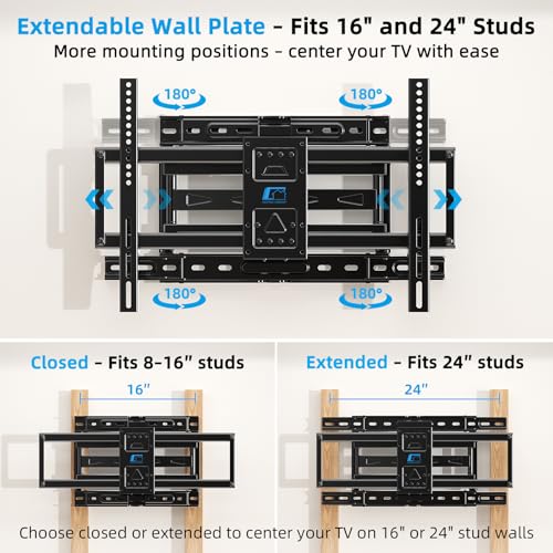 Full-Motion TV Wall Mount for 37-90 Inch TVs - Fits 24 Inch Studs, Extendable Swivel Bracket with Heavy-Duty Steel