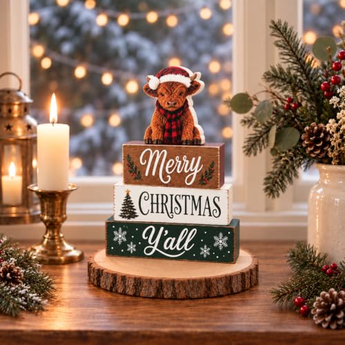 Farmhouse Highland Cow Christmas Tiered Tray Decor - Rustic Wooden Sign