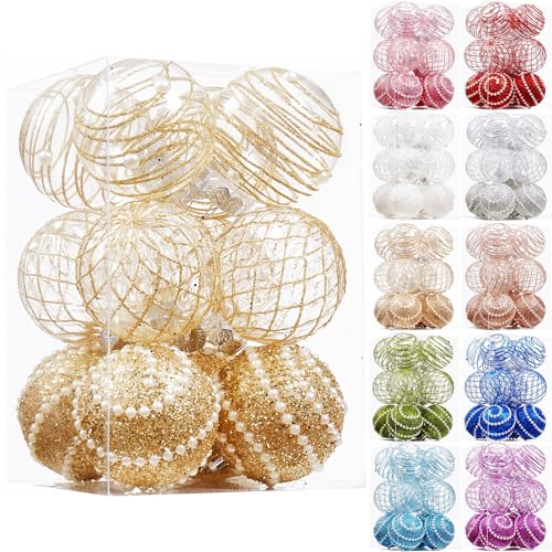 ChrisWish Gold 70mm 12ct Shatterproof Christmas Ball Ornaments - Clear Plastic Glitter Decor