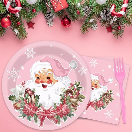 Pink Christmas Party Tableware Set - Disposable Plates, Napkins & Forks for Holiday Celebration