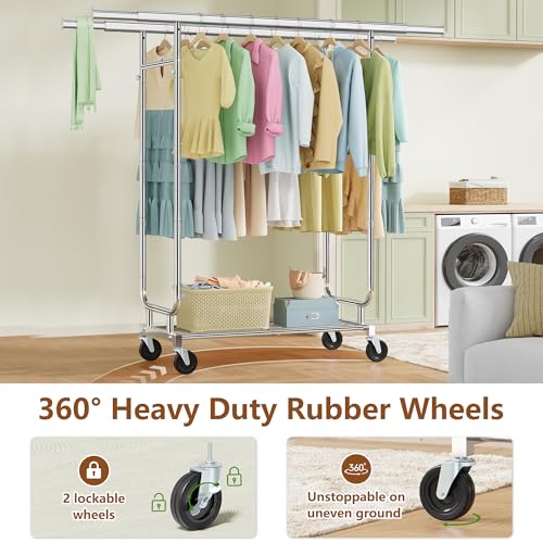 Heavy Duty Rolling Clothes Rack with Storage Shelf - Silver, 620 LBS Capacity, Adjustable Double Rod