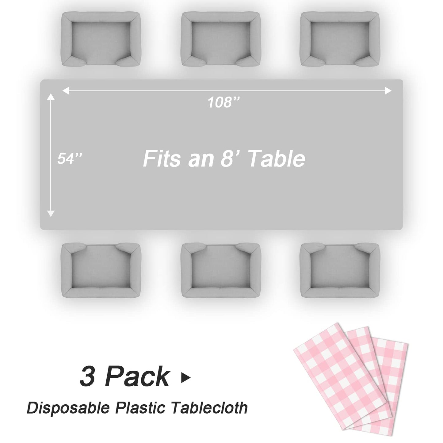 QIKSION Pink Gingham Tablecloth Disposable 3 Pack, 54 x 108 Inch Pink and White Checkered Table Cloth for Baby Shower, Easter, Mothers Day Decorations, Birthday Party, Rectangle, Plastic Table Cover