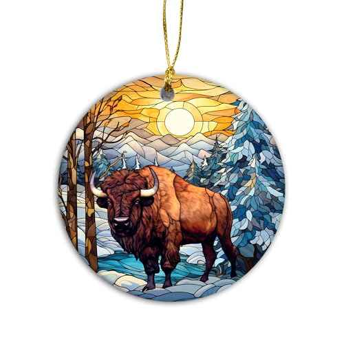 Buffalo Christmas Ornament 2025 | Stained Glass Bison Ornament, Wild Animals Christmas Tree Decor, Beautiful Scenic Buffalo, Keepsake, Yellowstone National Park (Bison in Light)
