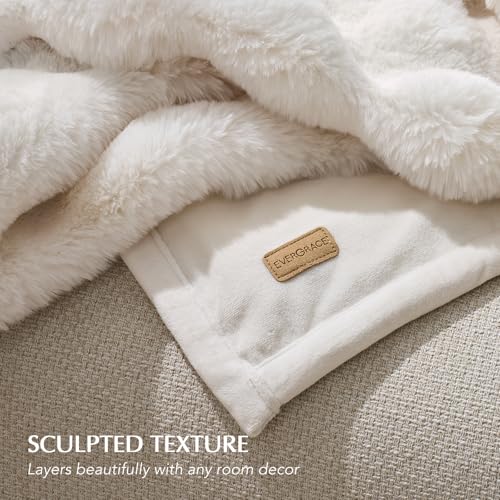 EverGrace Ivory White Faux Rabbit Fur Bubble Throw Blanket 90x90