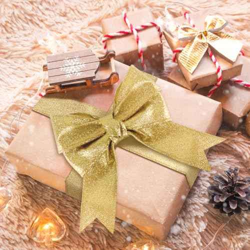 Gold Ribbon for Christmas Tree Glitter Gold Ribbon Garland Golden Christmas Ribbons Wired 1 1/2 Inch 10 Yards Thick Wired Golden Ribbons for Tree Gift Wrapping Party Decorations