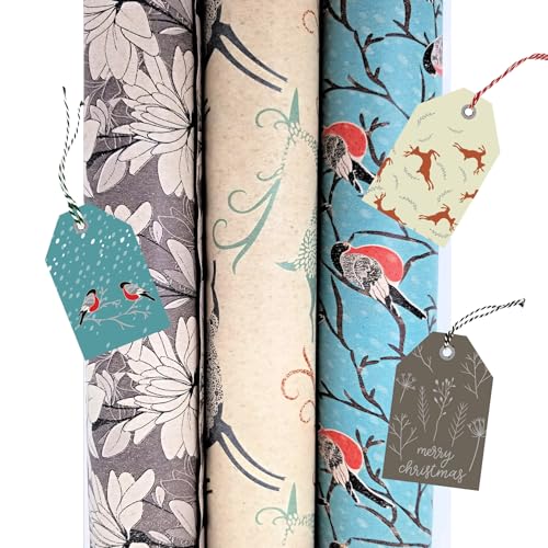 K-Kraft Premium Christmas Wrapping Paper Set with Snow Birds, Deer & Ice Flowers on Brown Kraft – 30" x 15' Rolls (112.5 sq ft) + 24 Foil-Stamped Tags