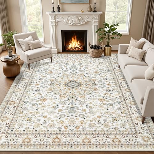 8x10 Beige Washable Area Rug for Living Room - Vintage Style, Non-Slip Backing