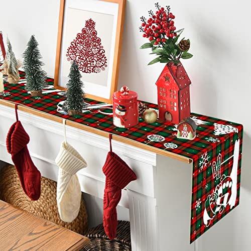 Tipbrol Believe Christmas Buffalo Plaid Table Runner - 72 Inch Burlap Red Green Snowman Pattern