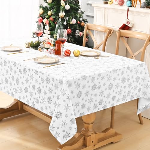 FRAMICS Christmas Table Cloth 55x55 Inch White Silver Snowflake Waterproof Square