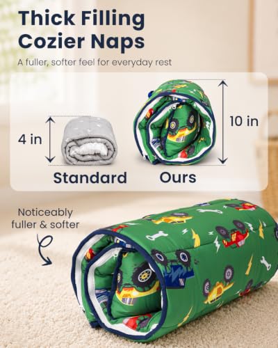 Primlect Toddler Nap Mat with Pillow - Green Truck, Extra Large & Thickened