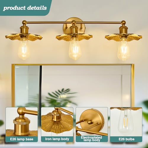 3-Light Vintage Vanity Light Fixture - Gold Bathroom Mirror Lighting