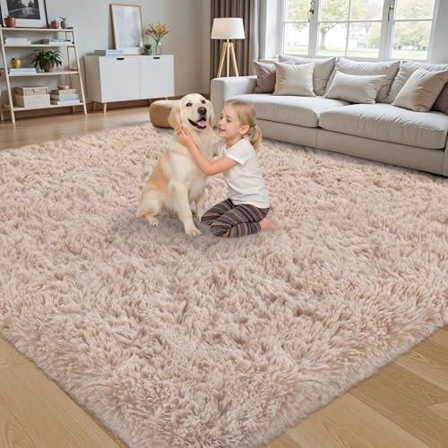 Beige 8x10 Fluffy Shag Area Rug for Living Room & Bedroom, Non-Slip