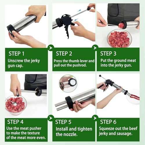 TENICPS Stainless Steel Jerky Gun Kit with 5 Nozzles, Sausage Maker, Food-Grade Meat Stuffer, Includes Brushes, Pusher & Gloves