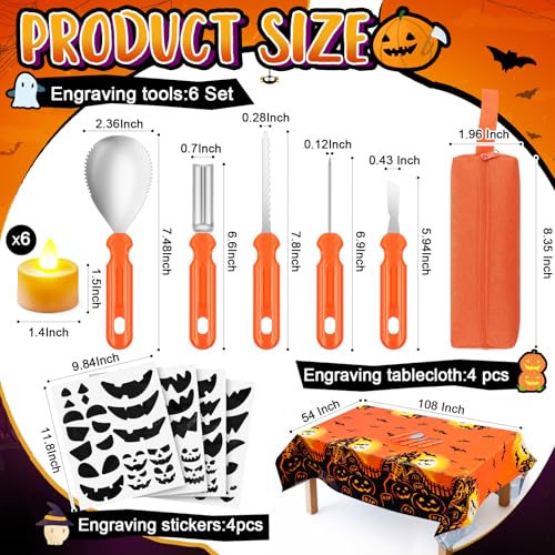 Orange Halloween Pumpkin Carving Kit - 6 Sets with Tools, Stickers & Lights