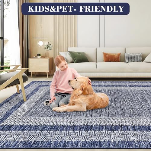 Blue 8x10 Washable Distressed Area Rug - Modern Geometric Floor Carpet