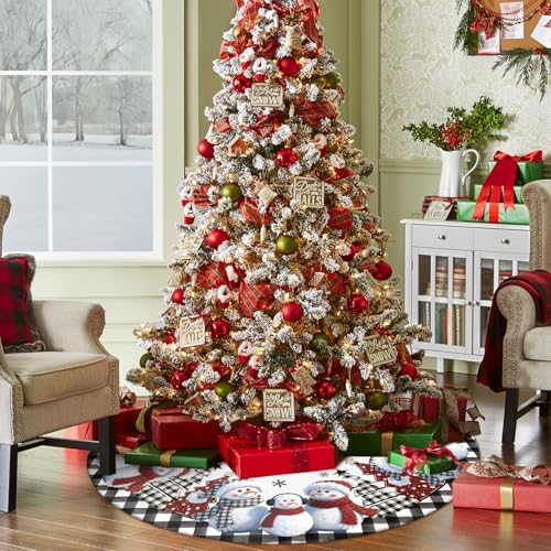 QIALETS 48 Inch Gray Buffalo Plaid Christmas Tree Skirt with Snowmen Decoration
