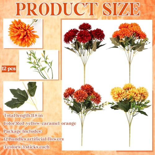 Artificial Fall Flowers Chrysanthemum Ball - Burnt Orange 12 Pcs, Autumn Faux Mums