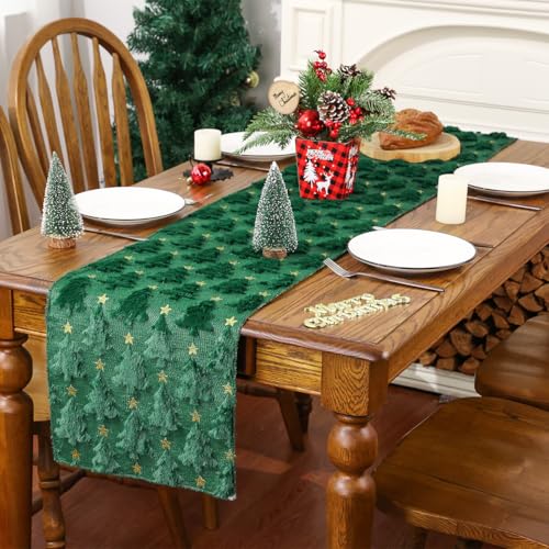 Siilues Green Christmas Trees Table Runner 13x90 Inch - Plush Faux Fur Jacquard