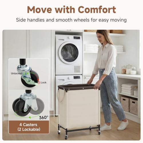 StorageWorks Beige 2-Section 100L Laundry Hamper with Wheels & Removable Fabric