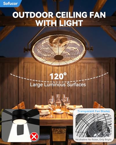 Sofucor 20 Inch Outdoor Waterproof Ceiling Fan with Light IP55 Rating