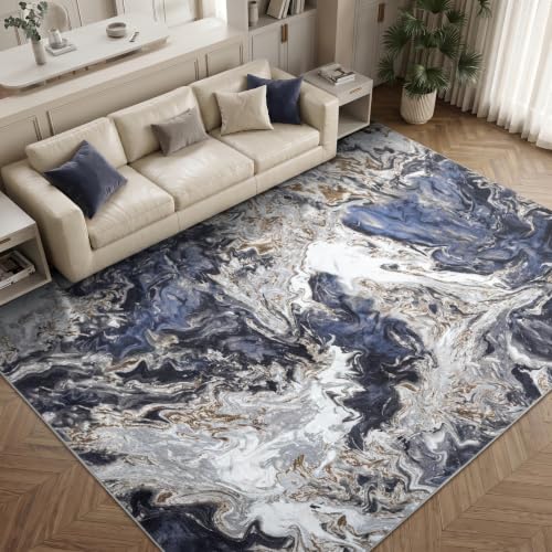 Blue Coastal Area Rug 8x10 Washable Non-Slip Living Room Carpet - Modern Abstract Design