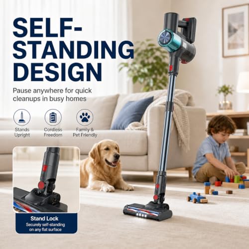 VACMOTOR Blue Cordless Stick Vacuum Cleaner for Pet Hair & Hardwood Floors, Self-Standing, Rechargeable with LED Display