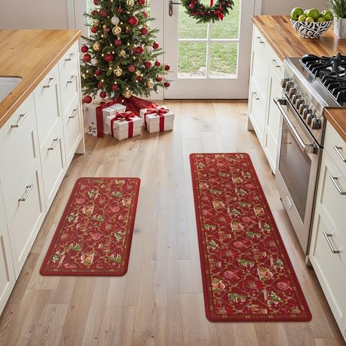 GENIMO Christmas Kitchen Rugs Set 2PCS Waterproof Anti-Fatigue Floor Mats, Red, 17.3x59 & 17.3x30 Inches