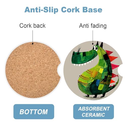 Ceramic Car Cup Holder Coasters Set of 2, 2.56 in Green Dinosaur