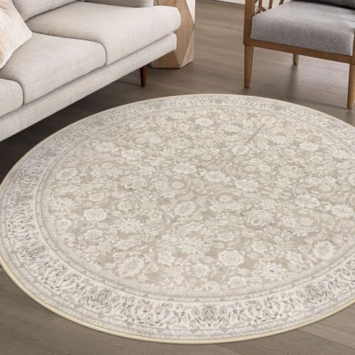 6Ft Round Washable Circular Area Rug with Non-Slip TPE Backing - Cream/Beige/Yellow/White/Grey