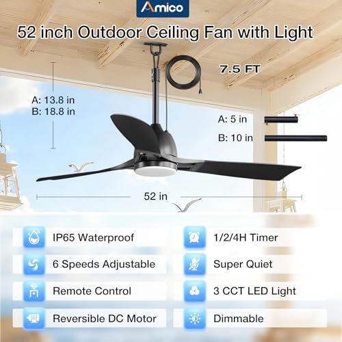 Amico 52-Inch Outdoor Waterproof Ceiling Fan with Lights - Gazebo & Patio