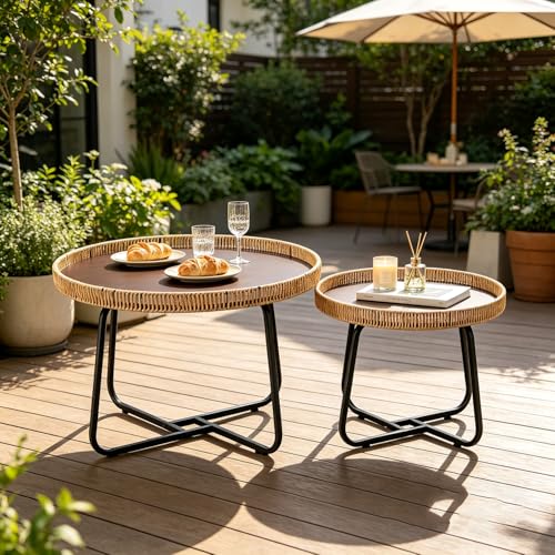 Nesting Coffee Table Set of 2 - Modern Wicker & Metal Side Tables, 27.6 & 19.7 inch
