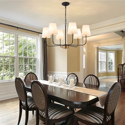 Black Gold 31.5-Inch Candle Style Dining Room Chandelier with Linen Shades