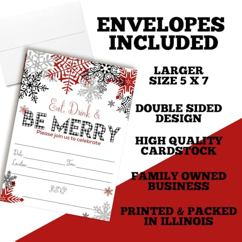 Amanda Creation Christmas Invitations Be Merry 4 Pack with Envelopes 5x7 Snowflake Holiday Party