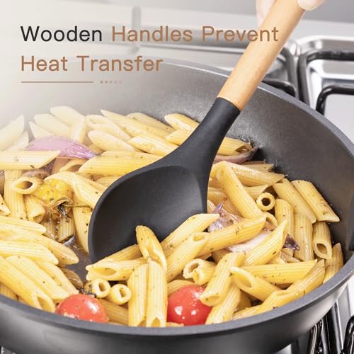 Black 39-Piece Silicone Kitchen Utensil Set with Wooden Handles, Heat-Resistant & BPA-Free