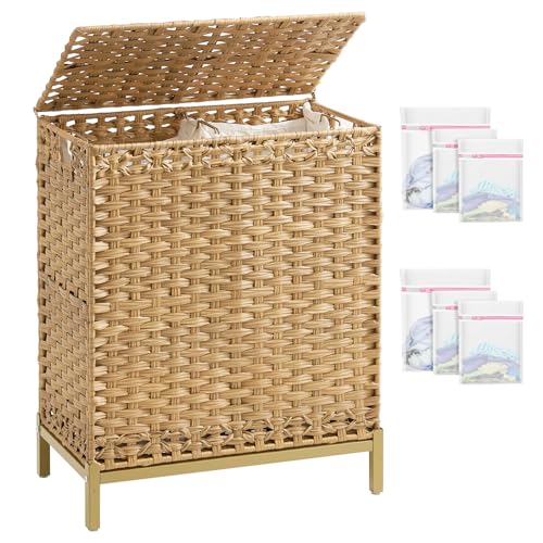 Large 112L Natural Rattan Laundry Hamper with Lid & Removable Liners - Foldable & Mesh Bags Included