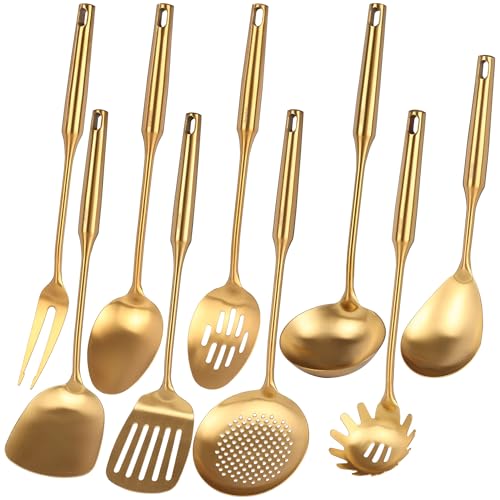 Gold Kitchen Utensils Set of 9 - 15 Inch All Metal Cooking Tools - Variation of 9-Pieces