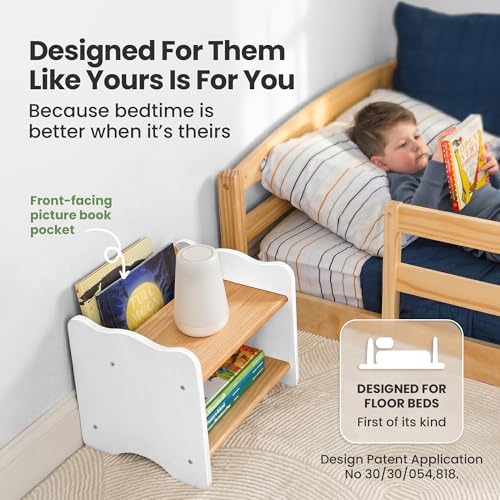 Kids Nightstand for Floor Beds - White Montessori Style Small Bedside Table with Book Pocket - Variation 2