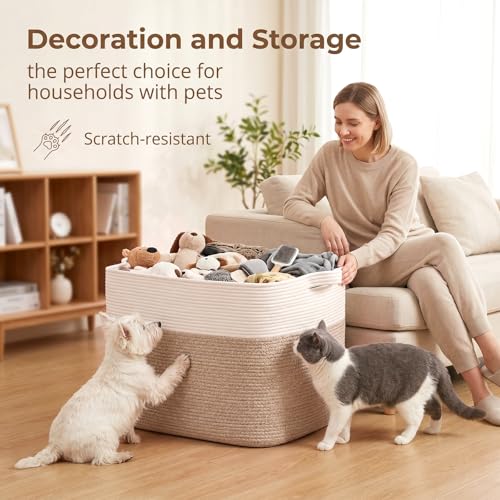 Cotton Rope Storage Basket 108L for Living Room & Bedroom - Brown & White