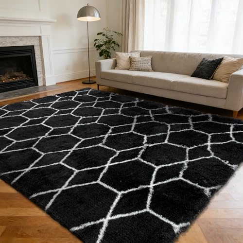 Black and White 5x8 Shag Area Rug for Bedroom & Living Room - Fluffy, Non-Slip